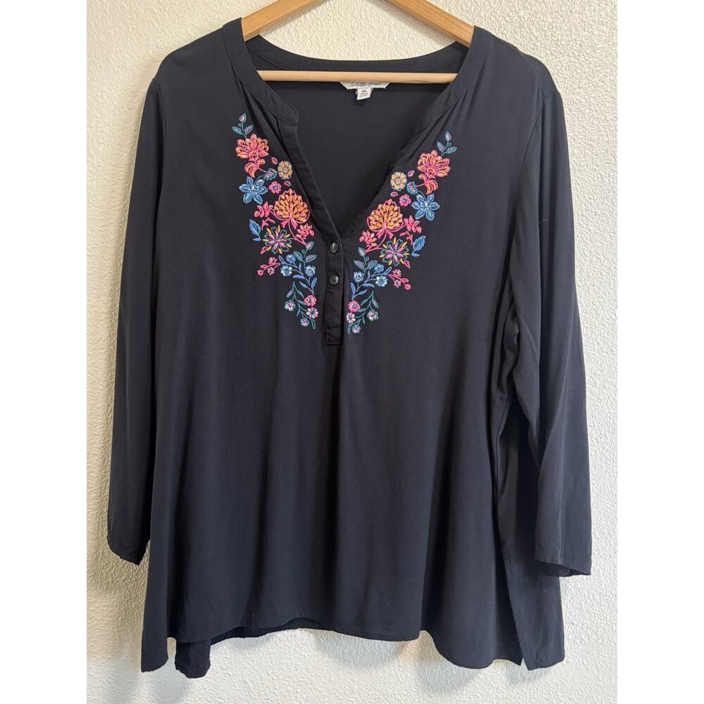 The Pioneer Woman Black Embroidered Floral Blouse 3/4 Length Sleeves Size XXL